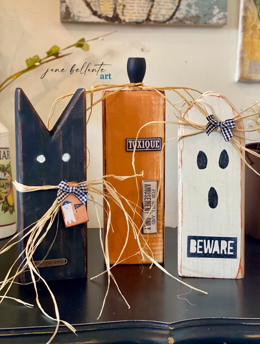 Halloween Wood Craft Kit | Cat, Ghost & Pumpkin Wood Blocks with Halloween Ephemera & Printable Images