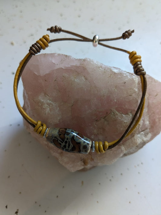 Bronze and Mustard Leather Bracelet with Handmade Ceramic Bead