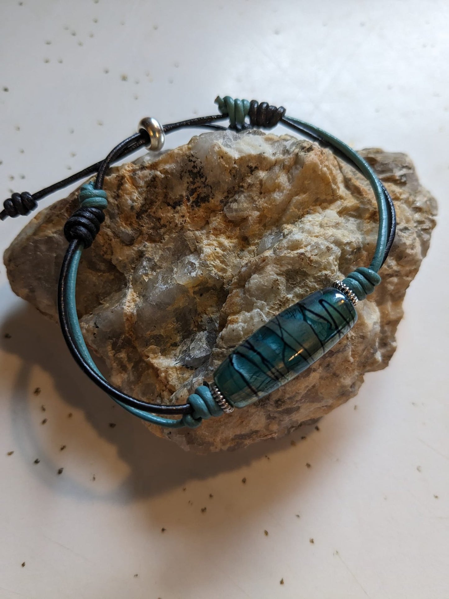 Black and Seafoam Green Leather Bracelet with Handmade Ceramic Bead