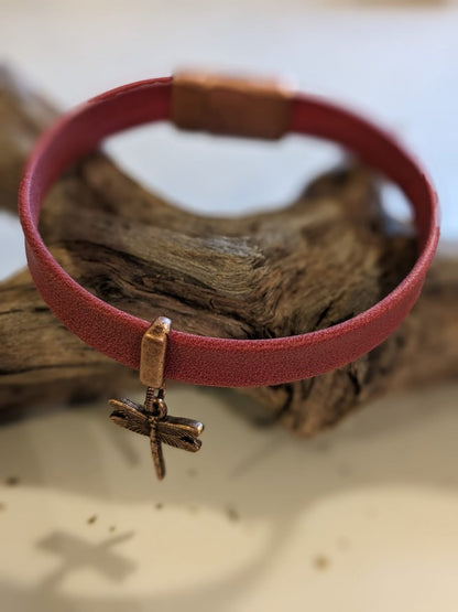 Red Leather Bracelet with Magnetic Clasp and Dragonfly Charm