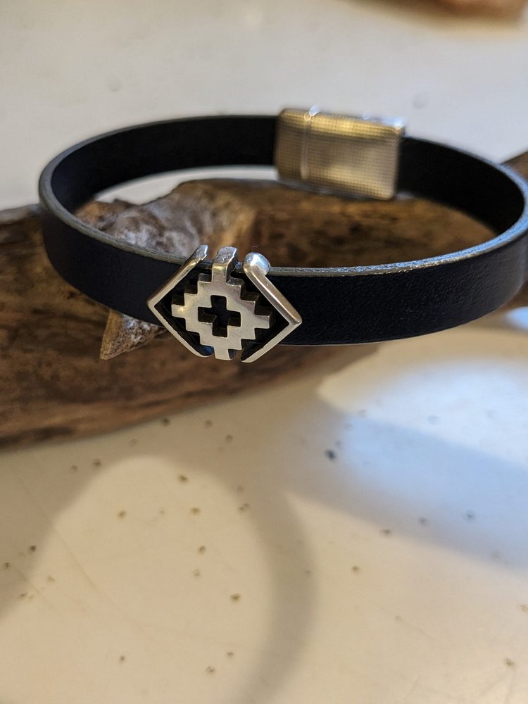 Black Leather Bracelet with Antique Silver Southwestern Clasp & Slider