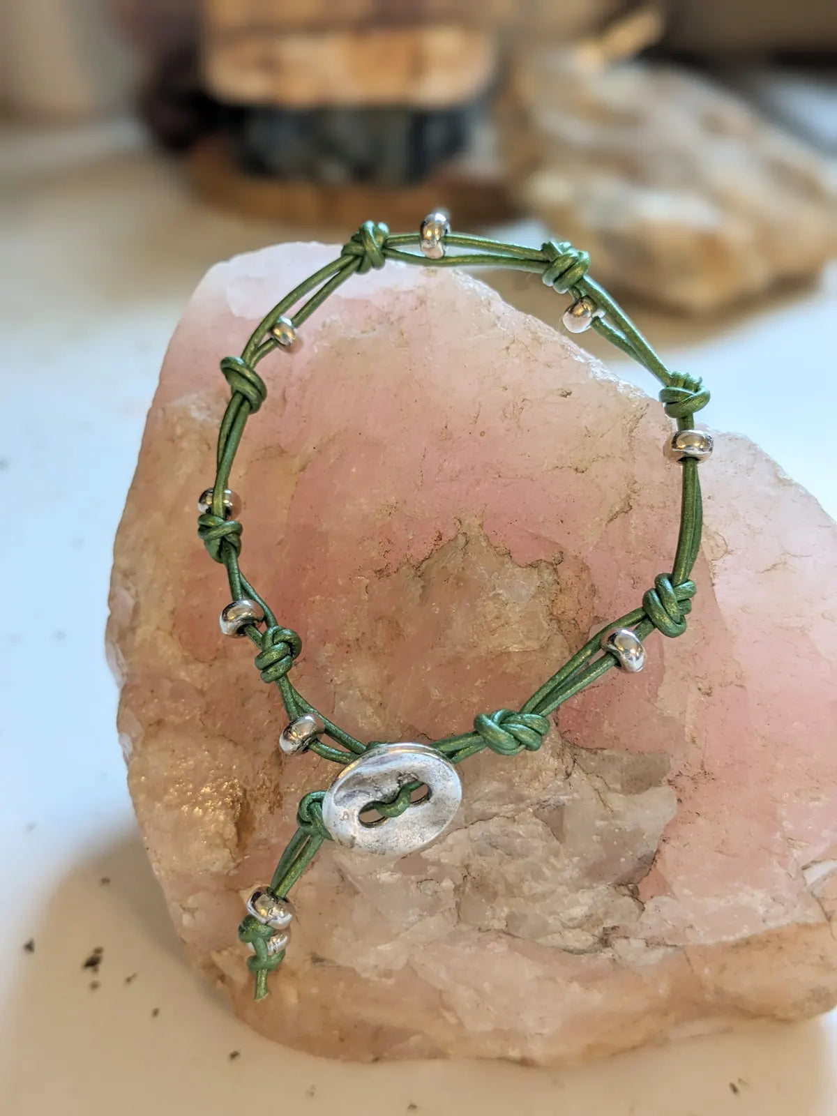 Green Knotted Bracelet with Silver Button