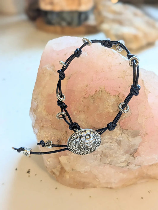 Black Knotted Bracelet with Flower Swirl Button