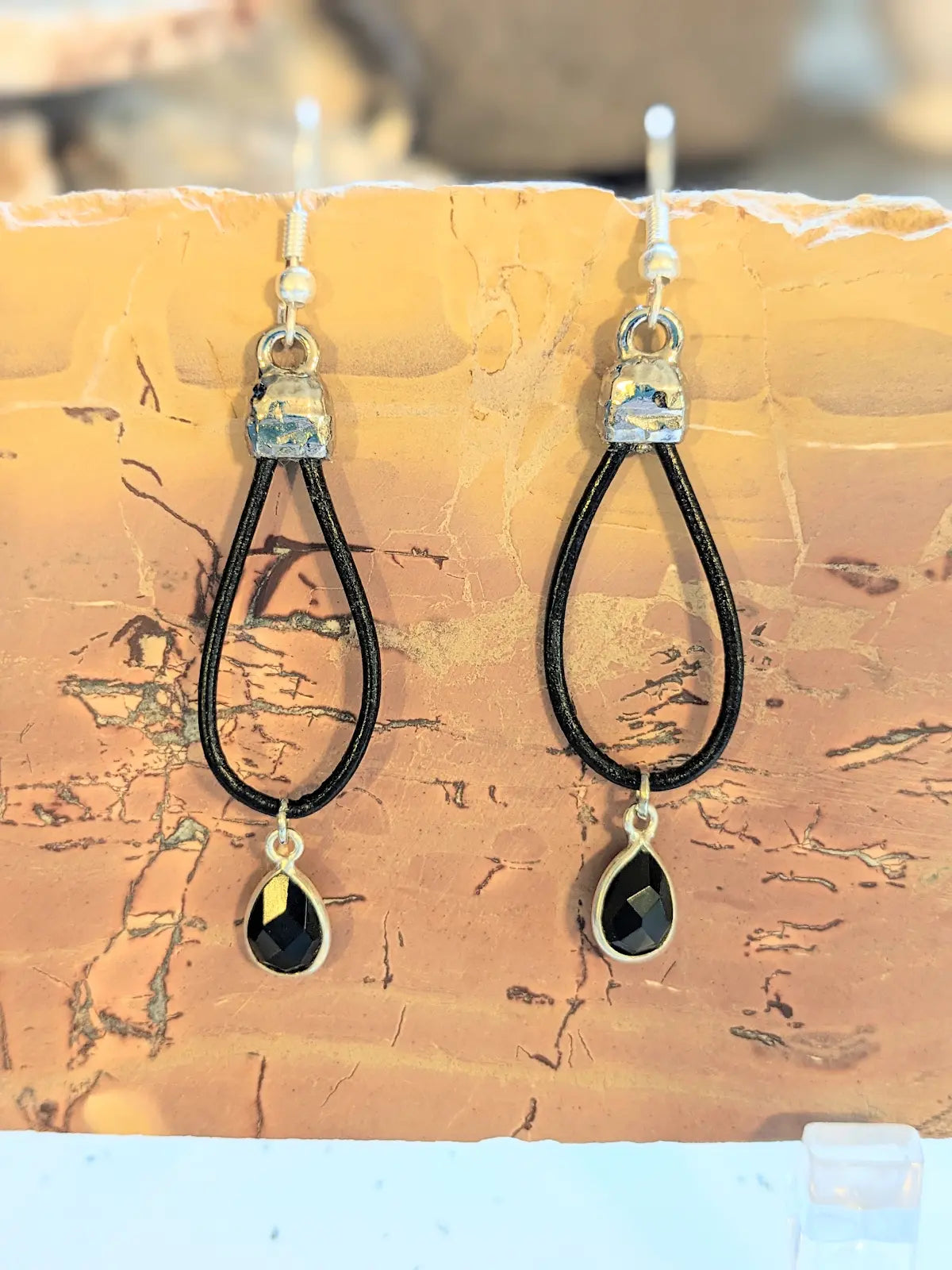 Black Onyx Gemstone Charms on Leather Earrings