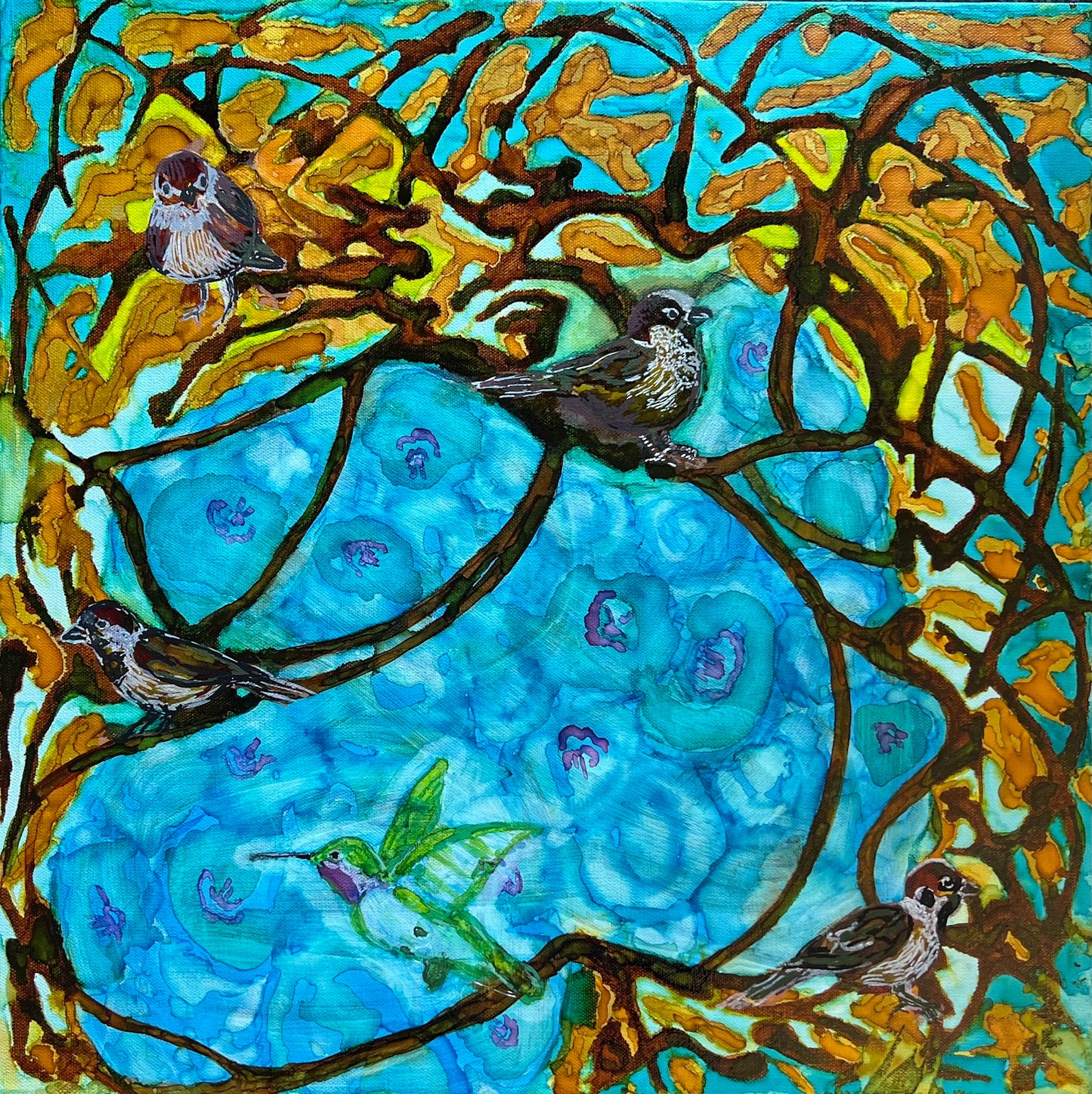 Birds In The Thicket Original Floral and Animal Alcohol Ink Painting