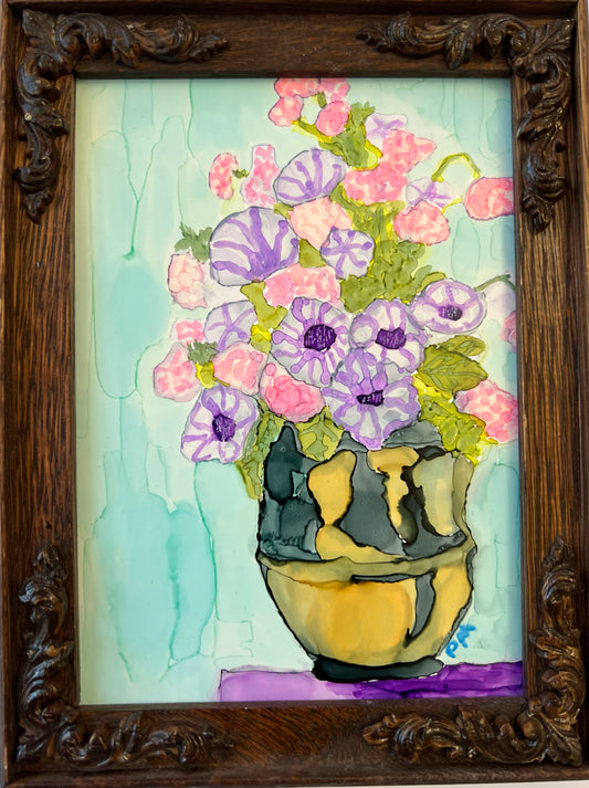 Bouquet In Clay Vase Original Alcohol Ink Floral Painting