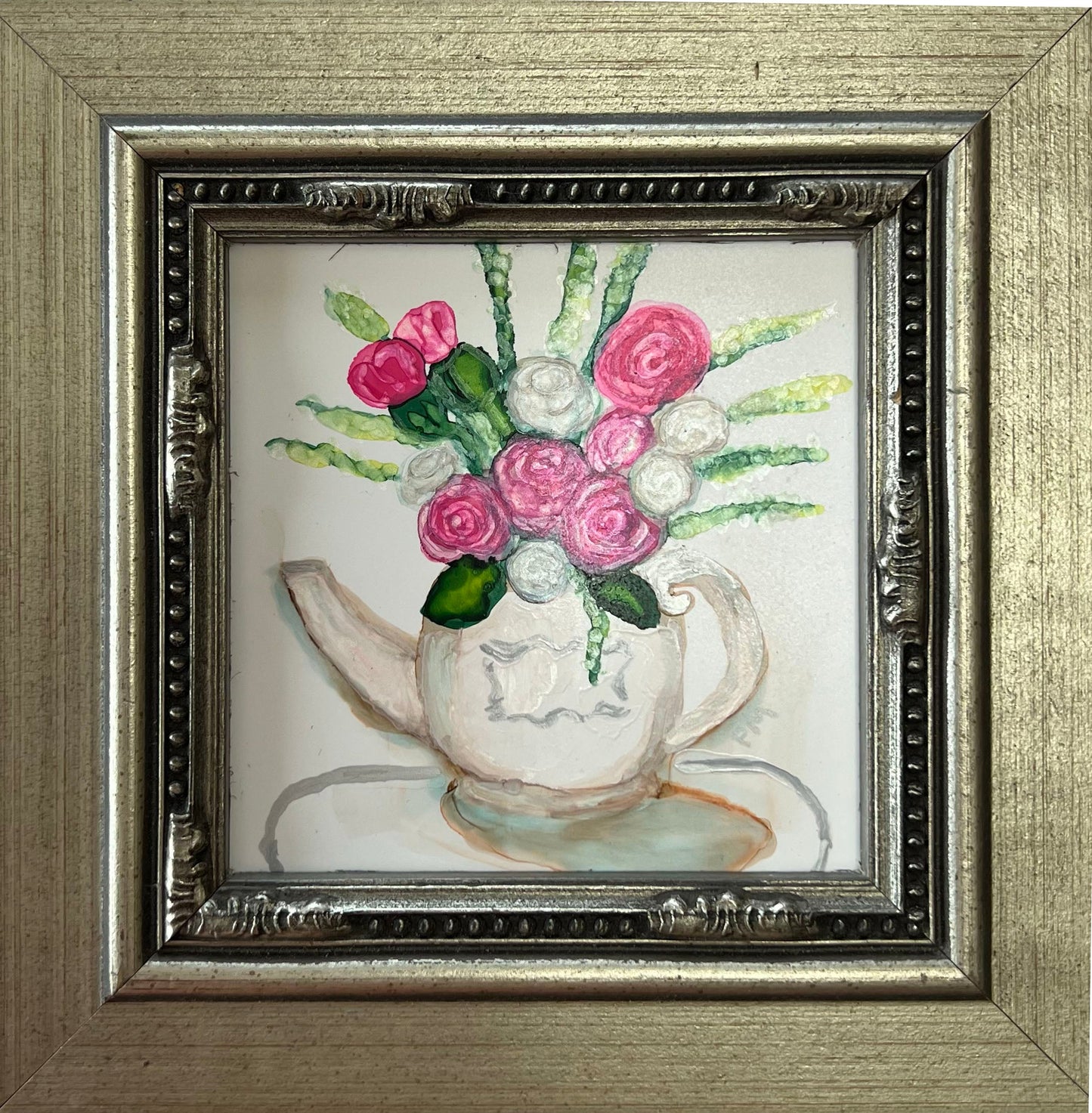 Centerpiece In Teapot Original Alcohol Ink Floral Painting