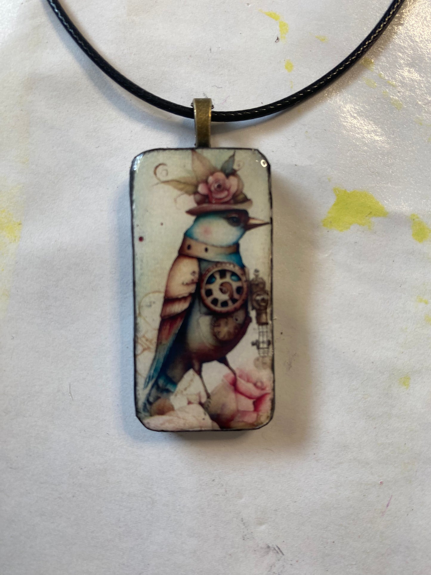 Domino Pendant with Steampunk Blue Bird Design 2