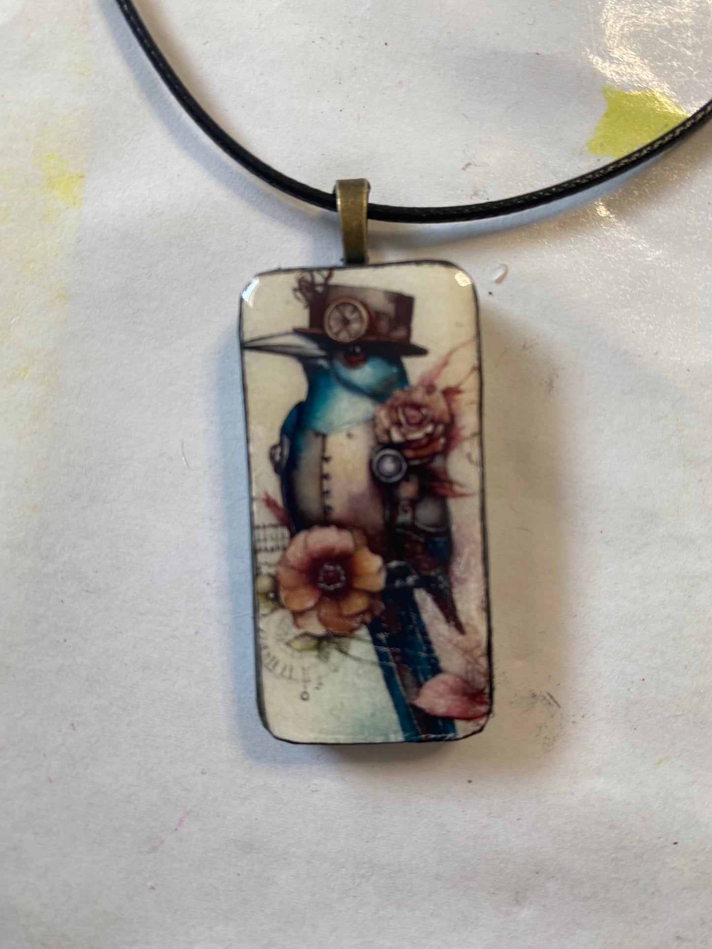 Domino Pendant with Steampunk Blue Bird Design 3