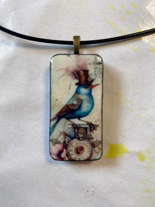 Domino Pendant with Steampunk Blue Bird Design 5