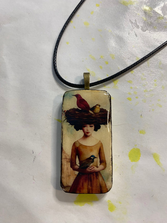 Domino Pendant Woman with Bird Nest in Her Hair