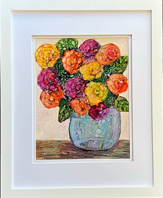 Bouquet In Bubble Vase Original Alcohol Ink Painting