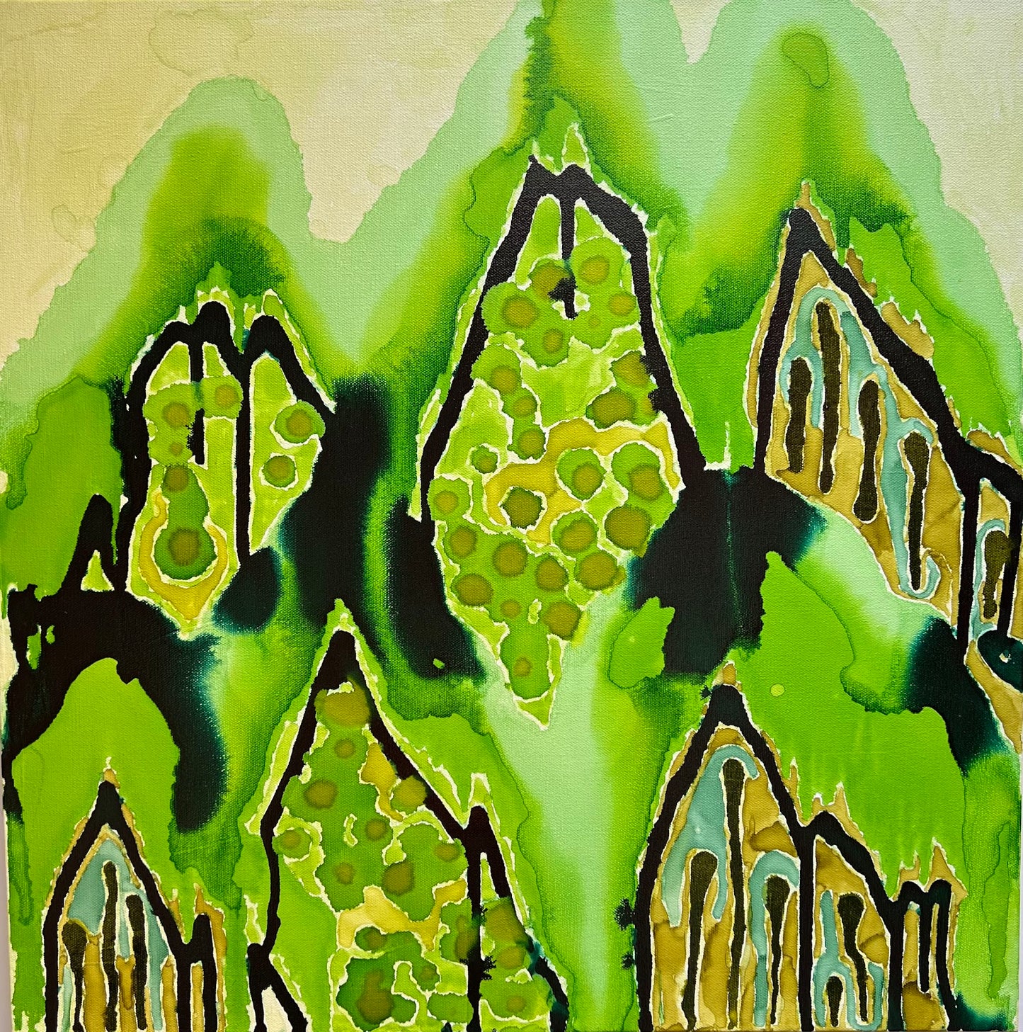 Mountain Dwellings Original Landscape Alcohol Ink Painting