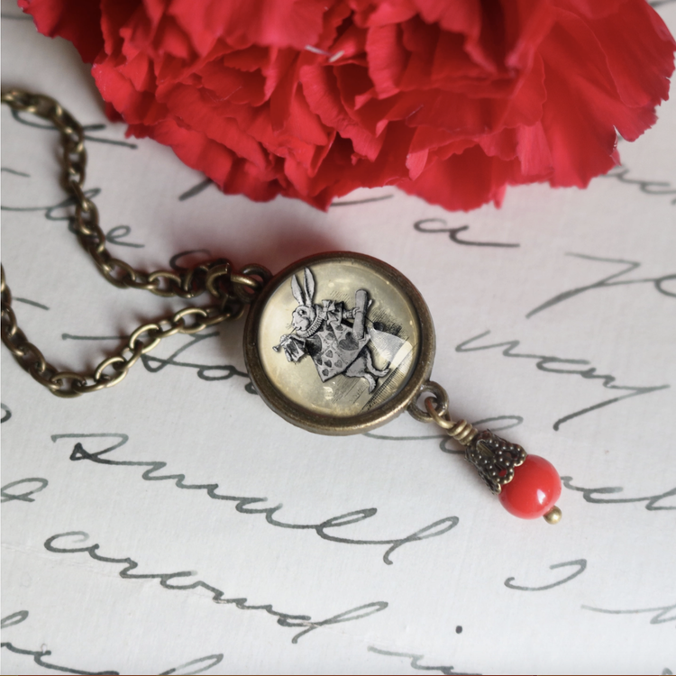 Alice in Wonderland White Rabbit Victorian Pendant Necklace