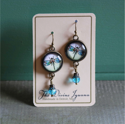 Dragonfly Vintage Inspired Glass Cabochon Earrings