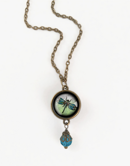 Dragonfly Vintage Inspired Glass Cabochon Necklace W/Bead