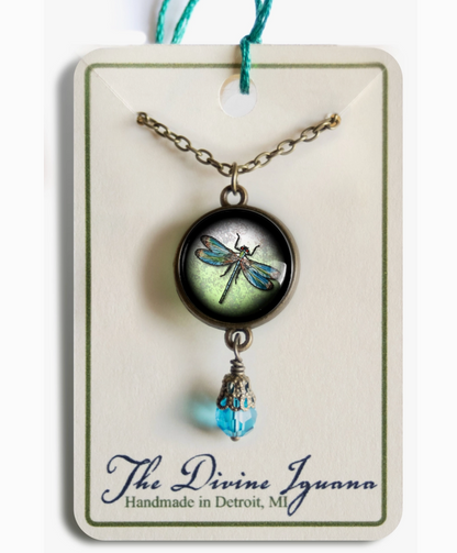 Dragonfly Vintage Inspired Glass Cabochon Necklace W/Bead