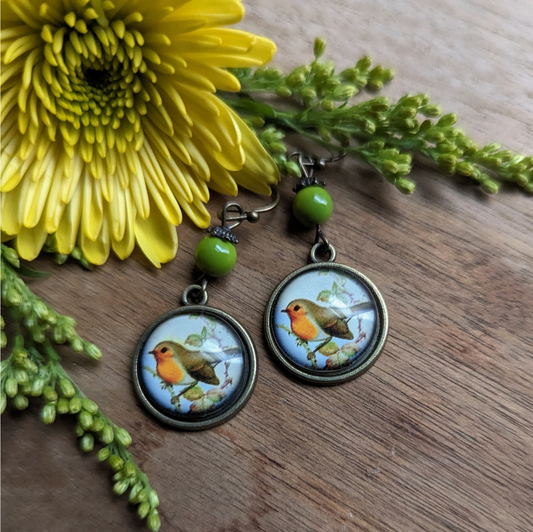 Spring Robin Bird Vintage Inspired Glass Cabochon Earrings