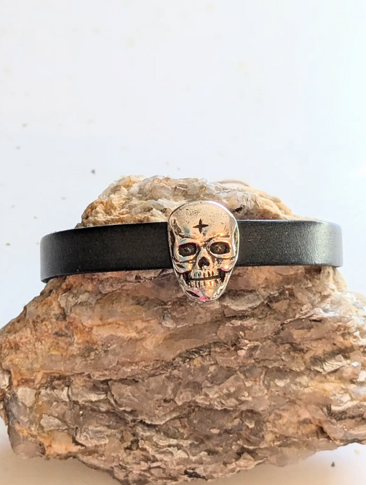 Men's Black Leather Skull Bracelet