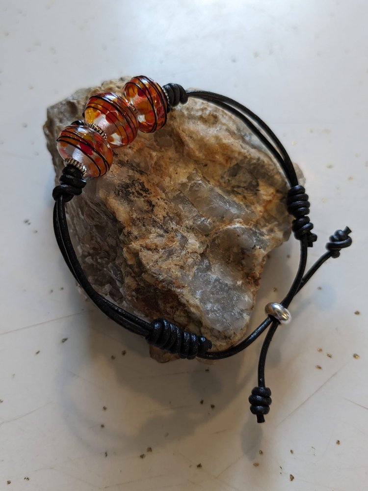 Black Leather Bracelet with Orange and Black Lampwork Beads