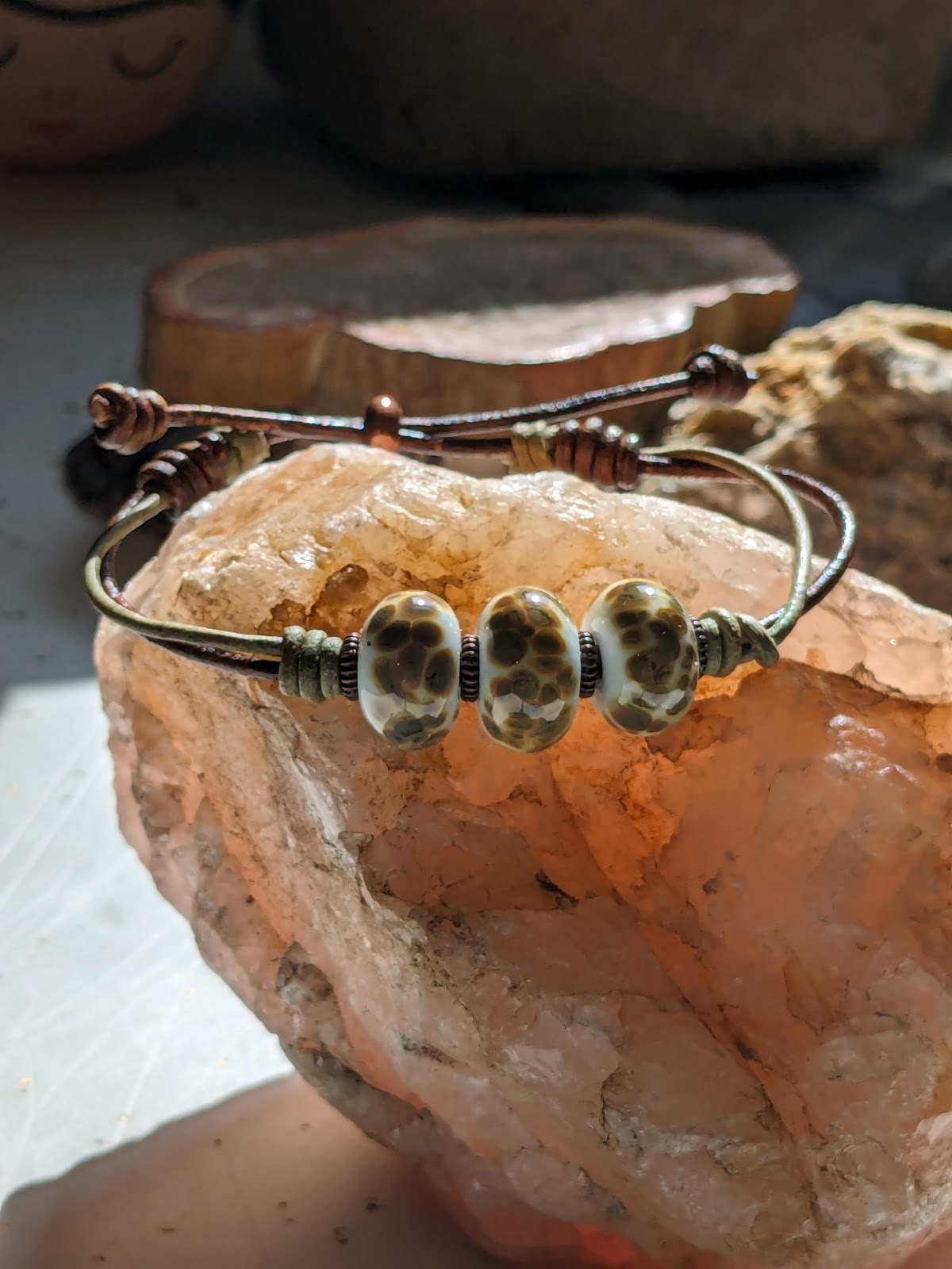 Brown Speckled Lampwork and Leather Bracelet