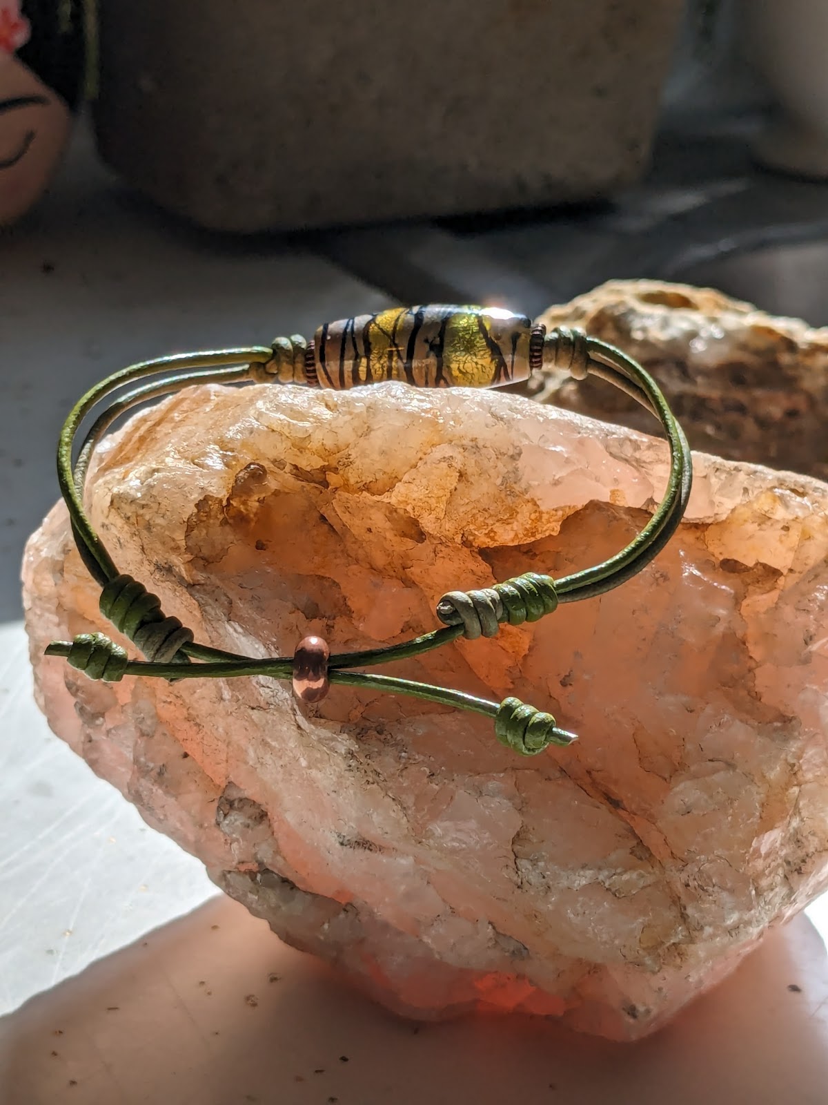 Green Goddess Lampwork and Leather Bracelet