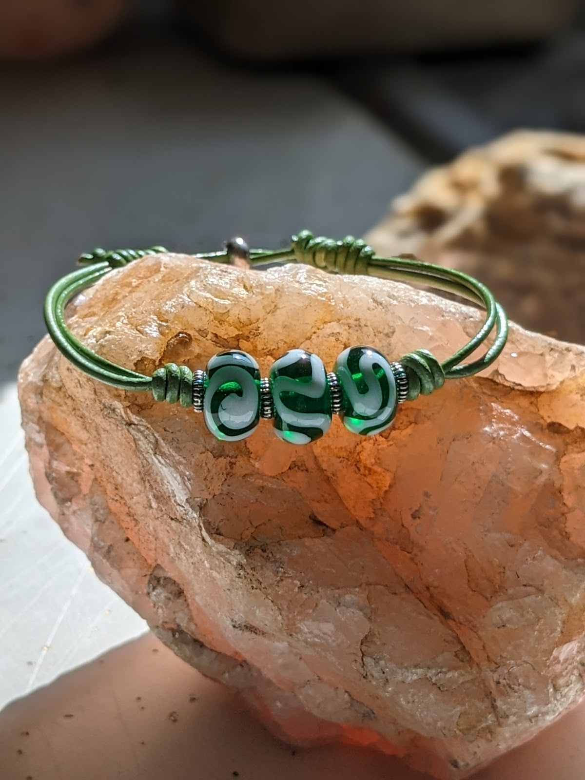 Green on Green Lampwork and Leather Bracelet