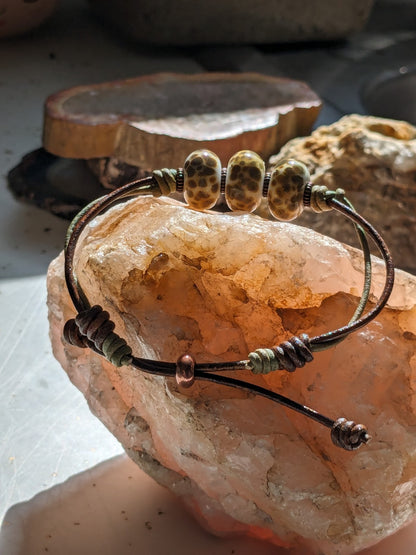 Brown Speckled Lampwork and Leather Bracelet